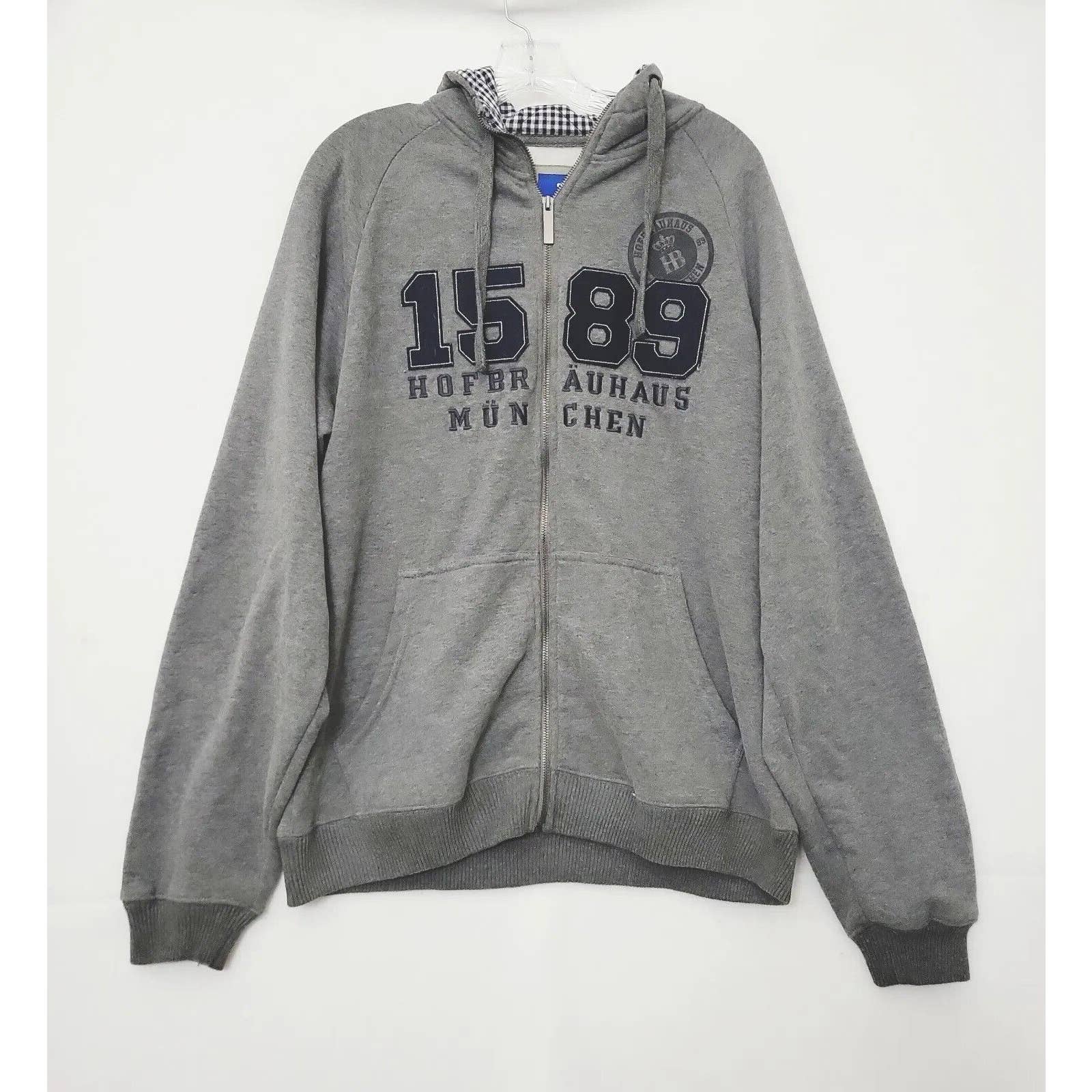 Hofbrauhaus Munchen Jacket Hoodie L Gray Full Zip Hooded Outerwear Streetwear
